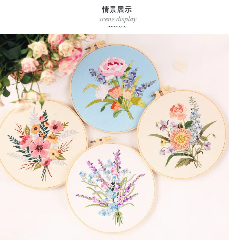 A collection of five round floral embroidery displays featuring various pink, purple, and white flowers on light blue and cre