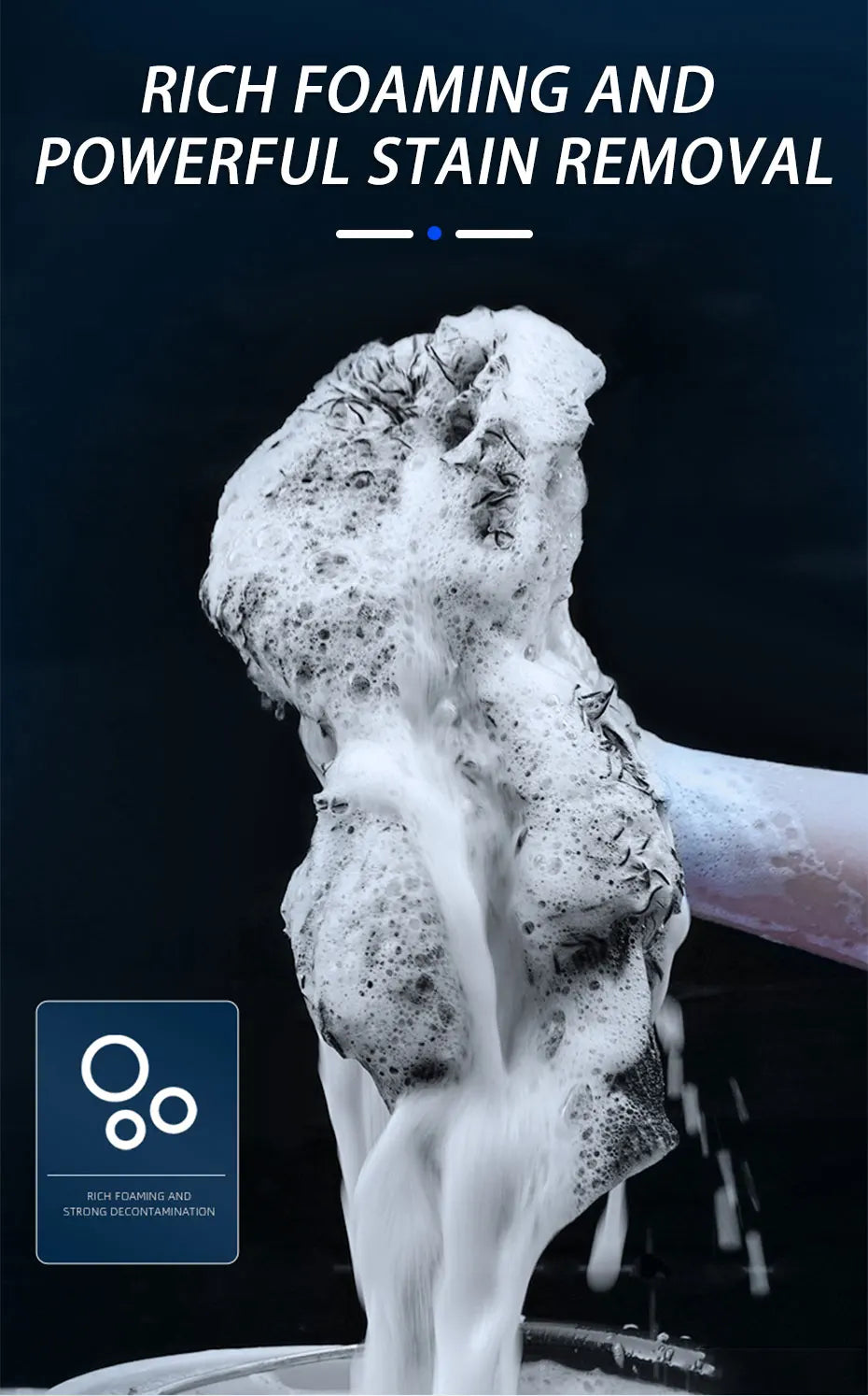 A close-up of a cleaning brush creating rich foam and powerful stain removal in water.