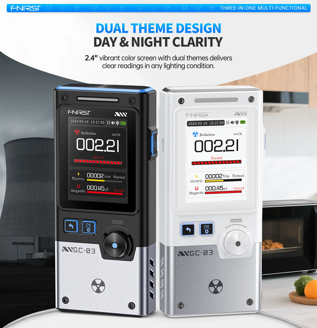 A pair of FNIRST dual theme design radiation detectors shown next to a microwave oven.