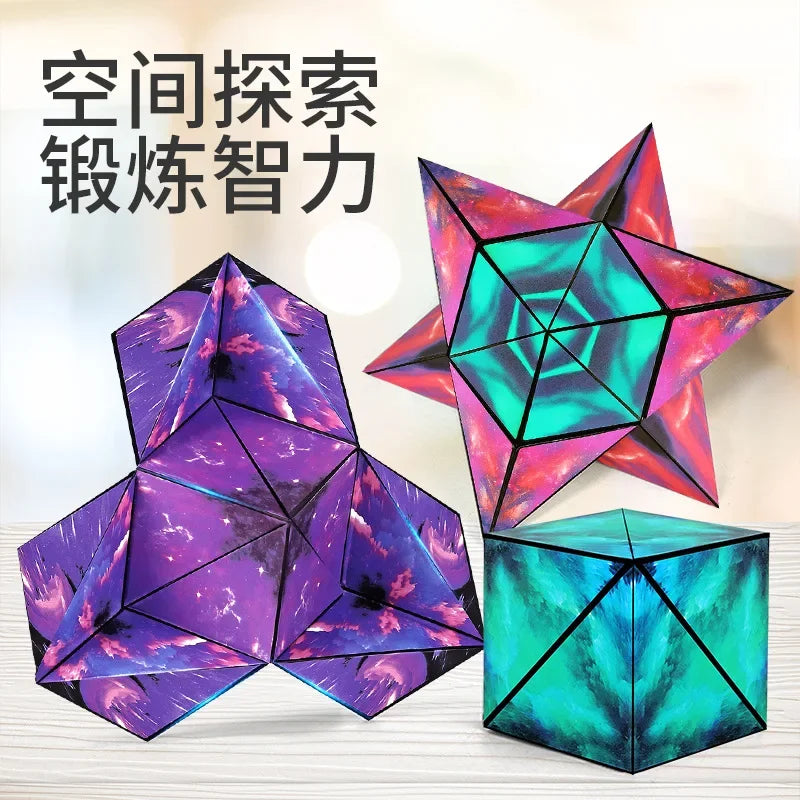 A set of colorful, geometric magnetic fidget cubes in purple and teal, demonstrating 3D puzzle transformation.