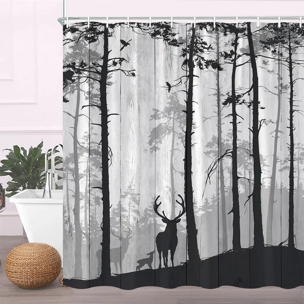 A black and white fabric shower curtain featuring a dense forest scene with tall trees and a deer silhouette.