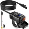 A black motorcycle USB charger with a voltmeter and dual ports, featuring a coiled cable and a red wire.