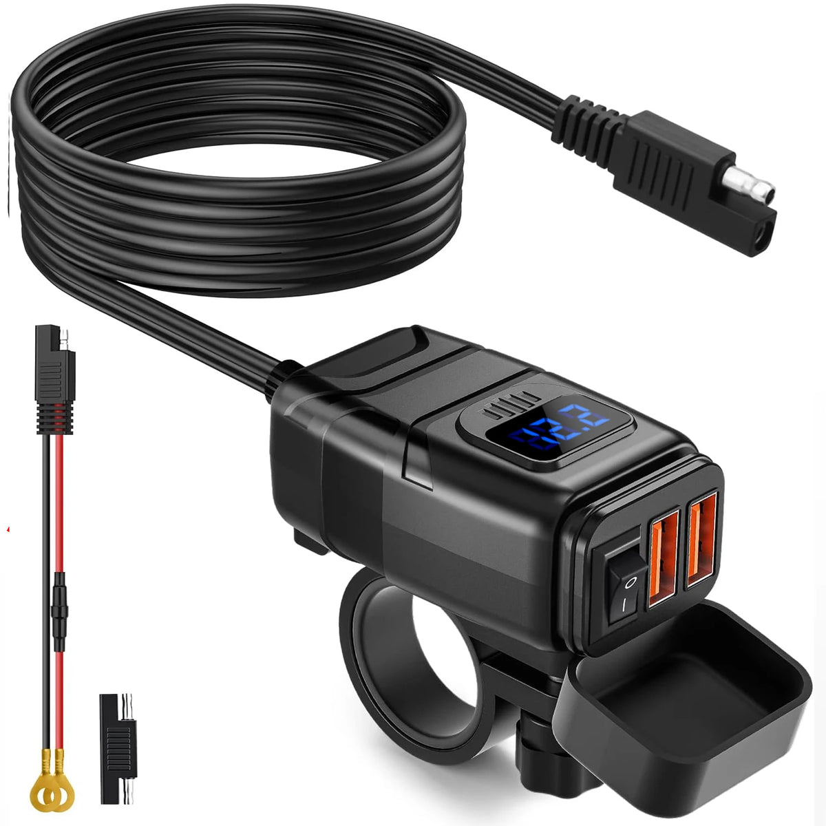 A black motorcycle USB charger with a voltmeter and dual ports, featuring a coiled cable and a red wire.