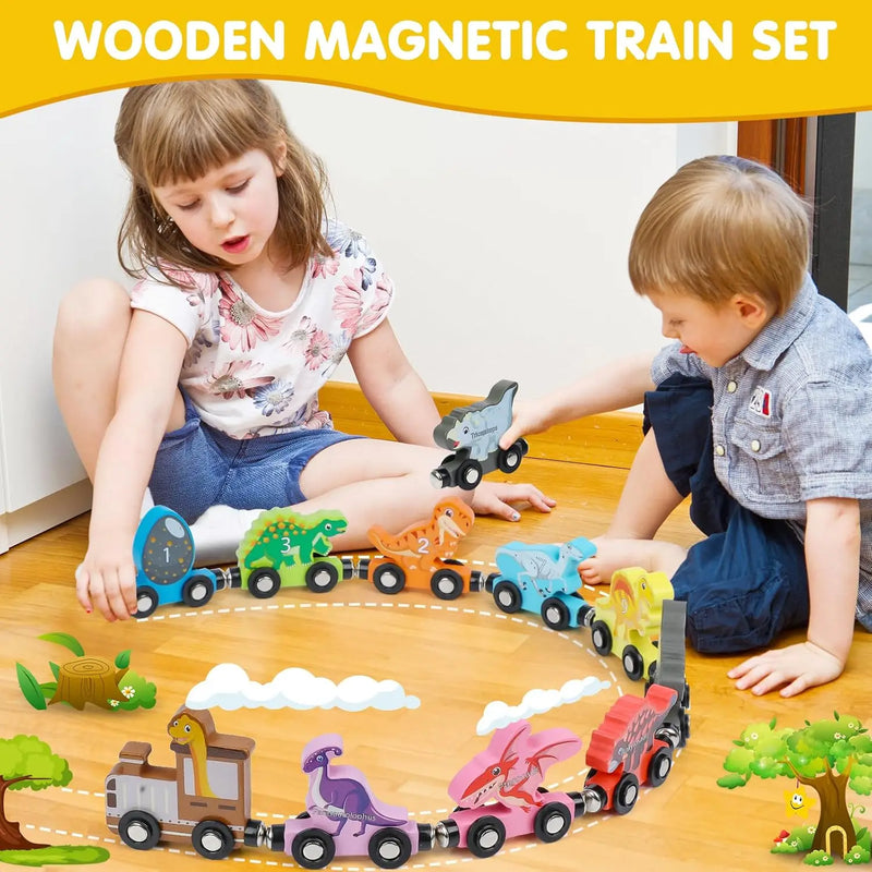 Montessori Magnetic Wooden Train Set with Animal & Vehicle Carriages