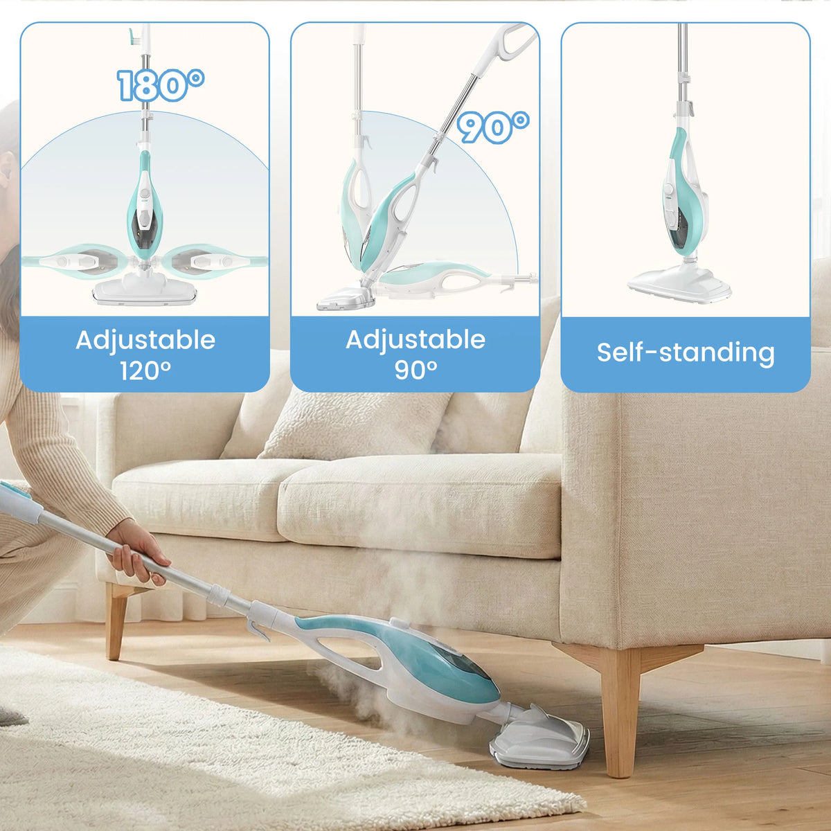A teal steam mop and handheld cleaner is shown with adjustable angles and a self-standing design on a wooden floor.