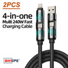 A pair of 4-in-one multi USB-C fast charging cables with black cords and silver connectors.