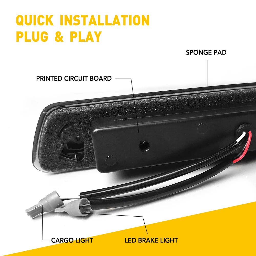 A close-up view of a plug and play LED brake light assembly with a printed circuit board and sponge pad.