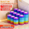 A set of multi-color replacement toilet cleaning heads with purple, blue, and yellow bands.