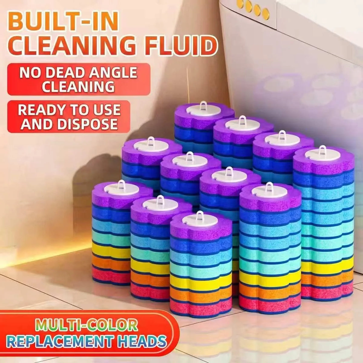 A set of multi-color replacement toilet cleaning heads with purple, blue, and yellow bands.