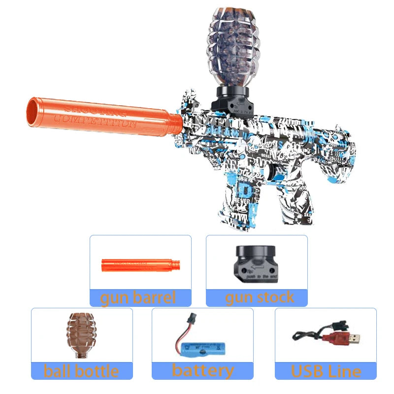 M416 electric gel ball blaster toy gun with automatic shooting featuring a cylindrical barrel and stock.