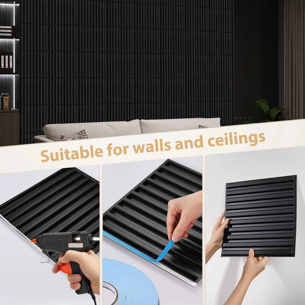 Close-up of black 3D slat wall panels being installed on a white wall, showing the texture and installation process.