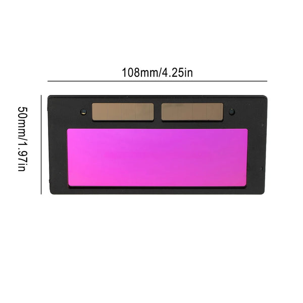 A rectangular solar welding lens with a pink light emitting surface and two rectangular solar cells.