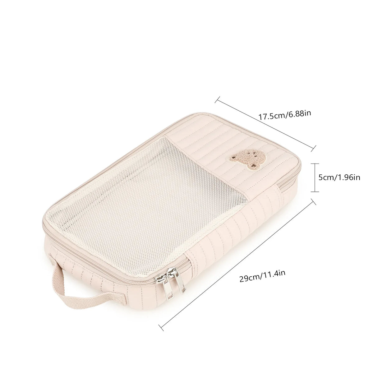 A beige stroller hanging diaper bag with separate storage compartments and a carrying strap.