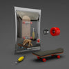 A wooden finger skateboard is shown in packaging, along with a skateboard and a yellow wheel.