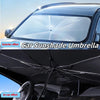 Exterior and in-car views of a foldable car sunshade umbrella protecting the windshield.
