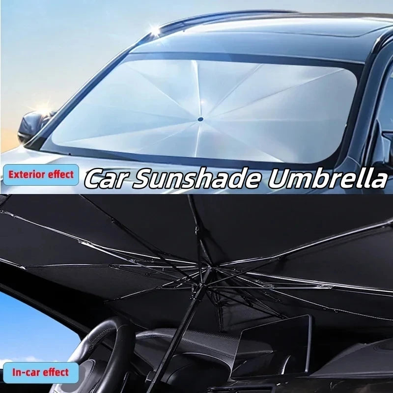 Exterior and in-car views of a foldable car sunshade umbrella protecting the windshield.