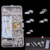 A clear plastic kit containing various glasses repair tools including nose pads, screws, and precision instruments.