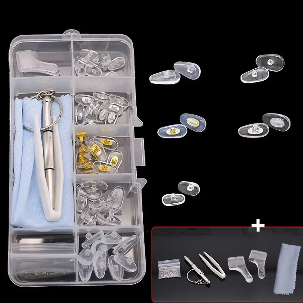 A clear plastic kit containing various glasses repair tools including nose pads, screws, and precision instruments.