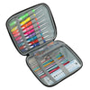 A light green crochet hook organizer bag with elastic loops showing various colored hooks and a small tool kit inside.