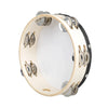 A round wooden tambourine with jingle bells, featuring a light wood rim and black edge.