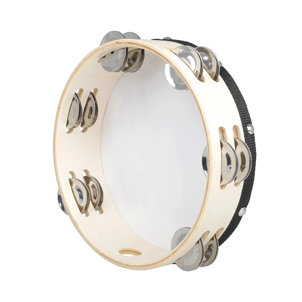A round wooden tambourine with jingle bells, featuring a light wood rim and black edge.