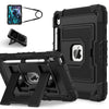 A black protective case for an iPad, shown with accessories and the device itself.