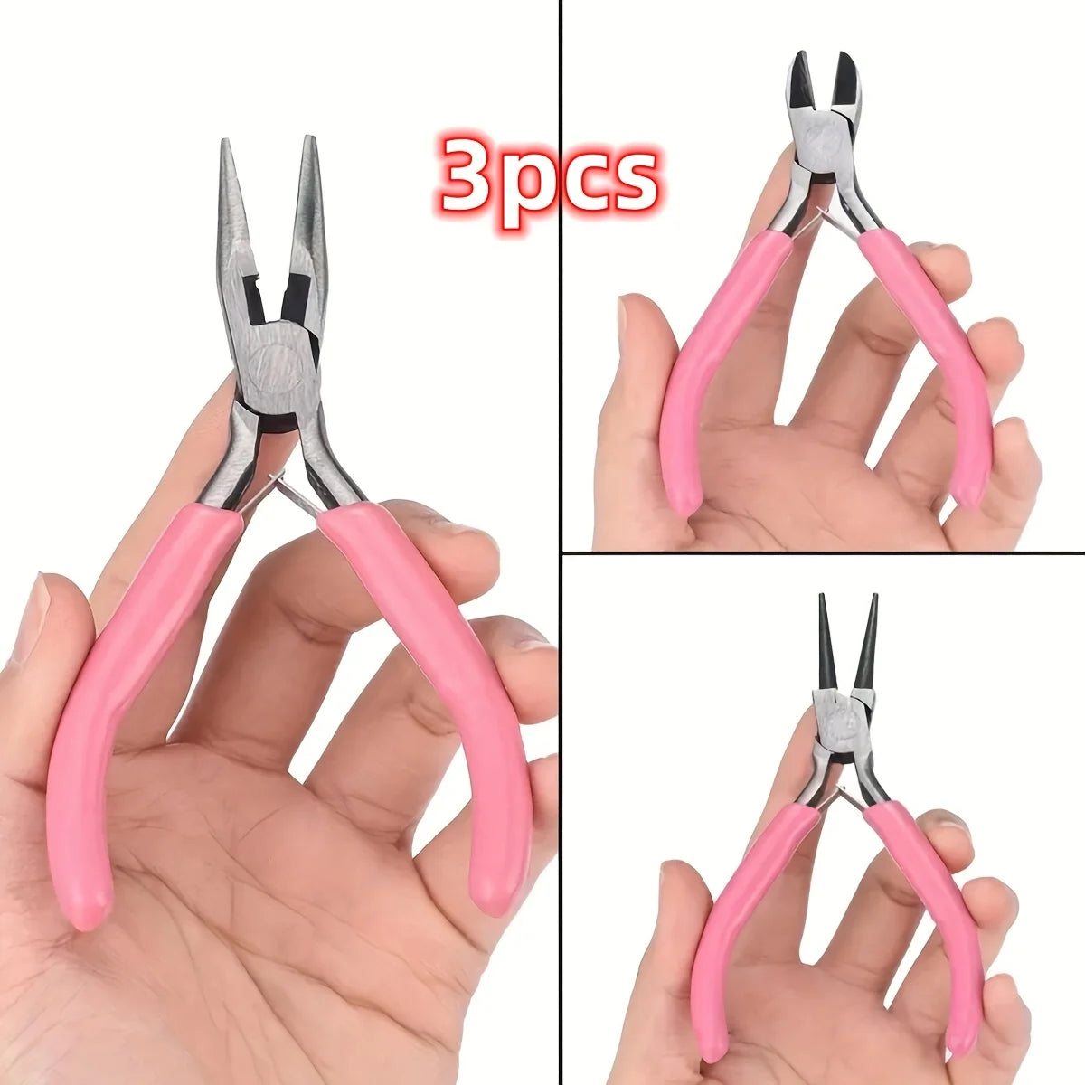 Pink Jewelry Pliers Tool Kit with Needle, Round Wire Cutter, and Curved Nose Pliers