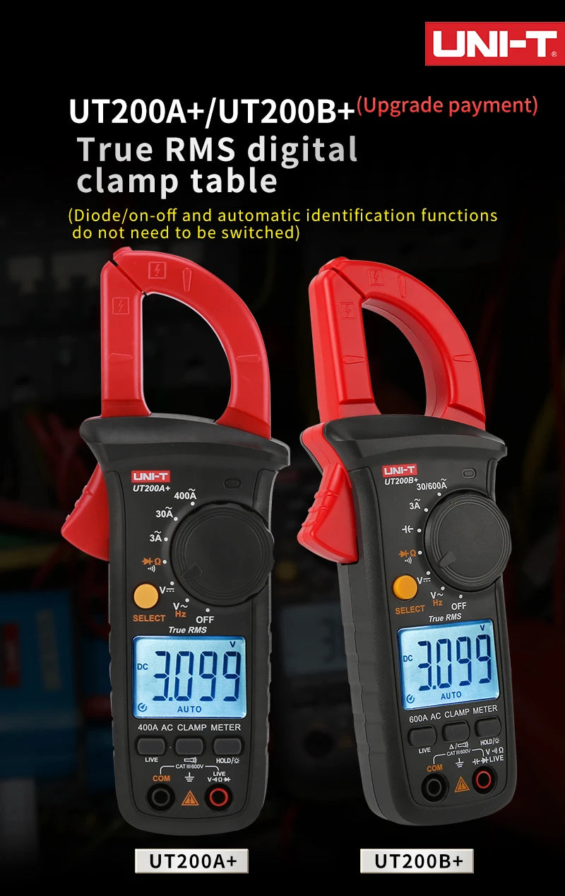 Red digital clamp meter with True RMS functions shown for UT200A and UT200B models