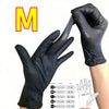 A hand wearing a black disposable nitrile glove is shown next to a large yellow letter M, illustrating glove sizing options.
