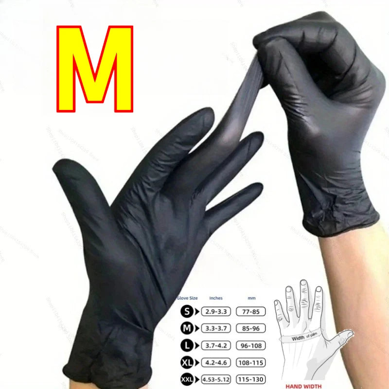 A hand wearing a black disposable nitrile glove is shown next to a large yellow letter M, illustrating glove sizing options.