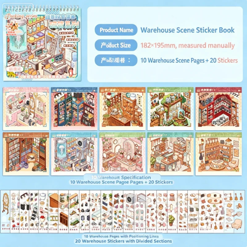 A collection of 10 warehouse scene pages with 20 stickers and positioning lines for scrapbooking.