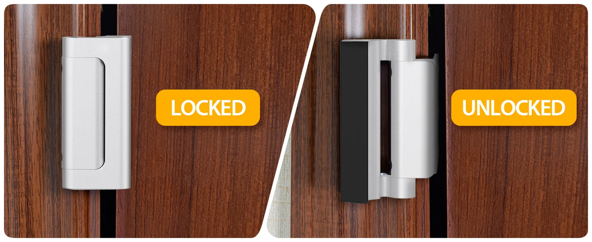 A side-by-side comparison showing a heavy duty aluminum door lock in both locked and unlocked positions.