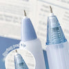 Close-up view of a white gel pen with a silver spring tip and a blue pen showing the tip detail.