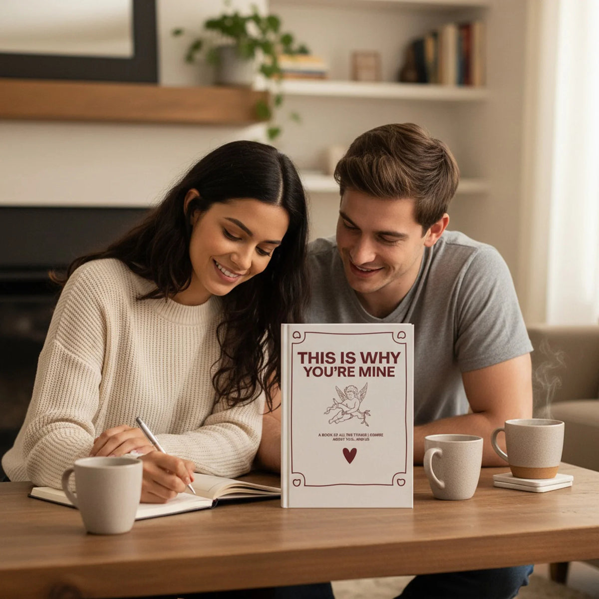 A couple smiling while writing in a personalized fill-in-the-blank love book for an anniversary keepsake.