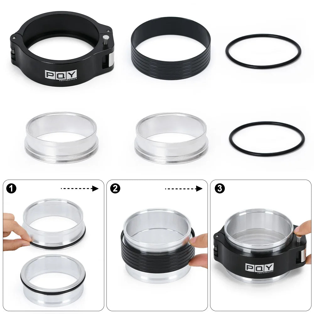 A set of heavy-duty aluminum V-band clamp and flange assemblies shown in various forms including clamps, flanges, and assembl