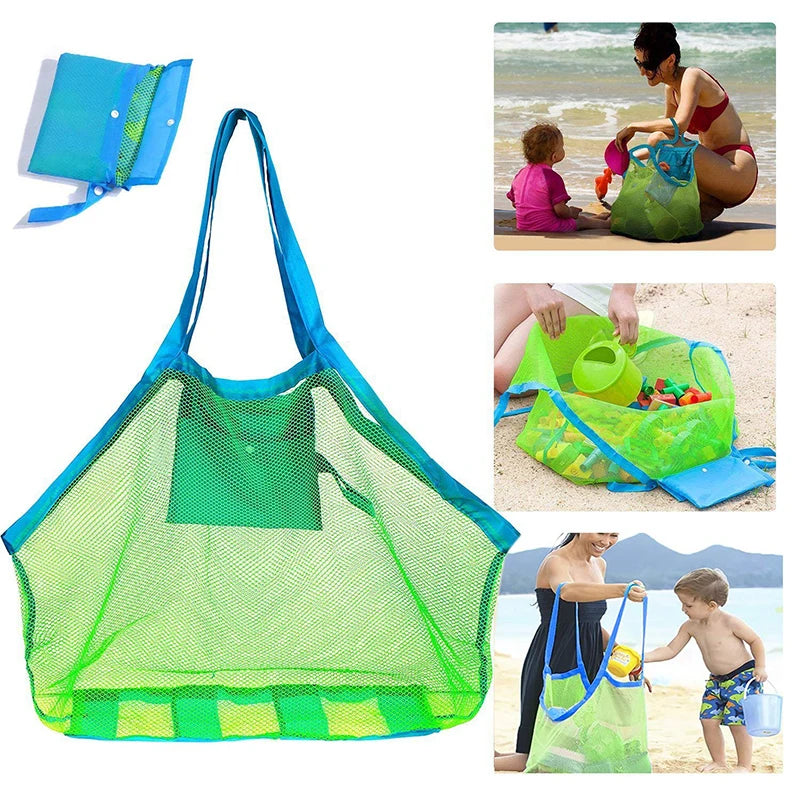 A large mesh green tote bag is shown being used by a child on a beach, with an accompanying blue fabric item.