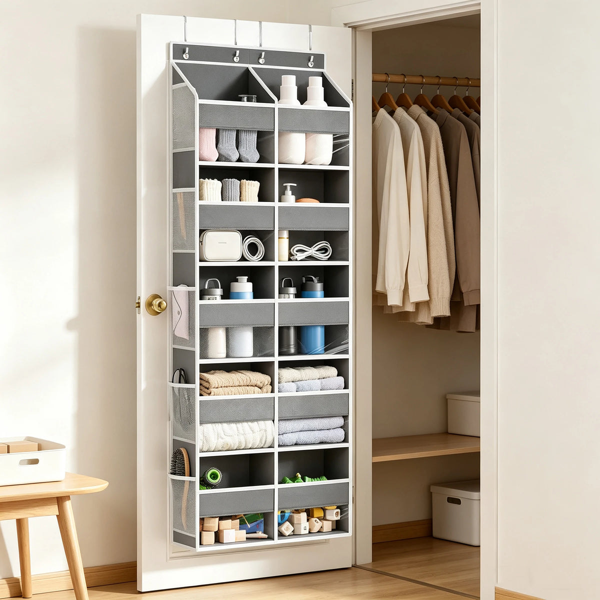 A white over-the-door hanging organizer with 10 compartments for storing various household items.