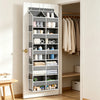 A white over-the-door hanging organizer with 10 compartments for storing various household items.