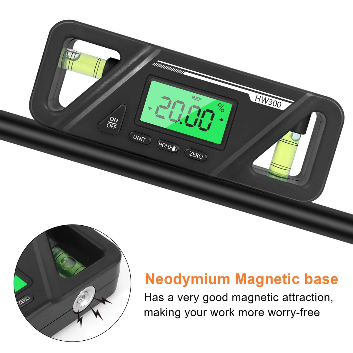 A digital magnetic inclinometer with a backlit LCD display showing 20.00 degrees.