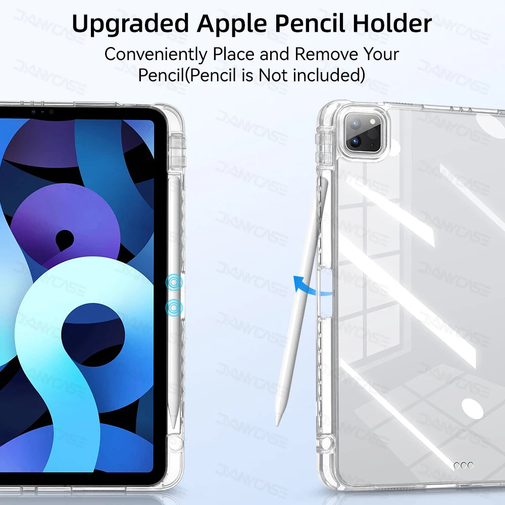 Clear acrylic case for an iPad with an upgraded Apple Pencil holder accessory.