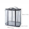 A clear mesh laundry basket with a handle and black straps, shown in a side view.