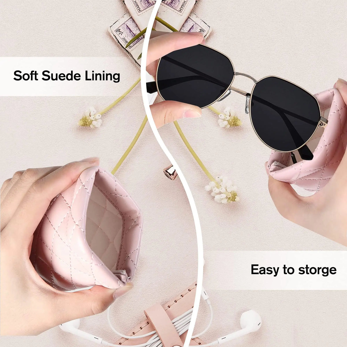 Soft PU Leather Squeeze Glasses Case with Multi-Functional Storage Pocket