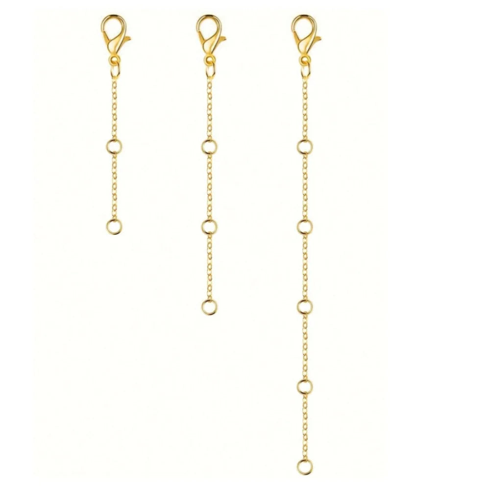 A gold-plated necklace extender chain with a lobster clasp displayed vertically.