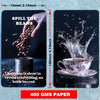 A black card featuring a hand spilling beans above text and a cup of tea with a splash on a white saucer.