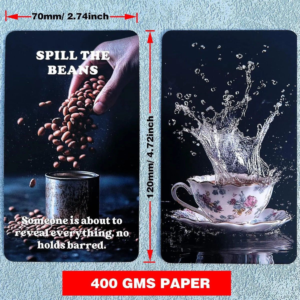A black card featuring a hand spilling beans above text and a cup of tea with a splash on a white saucer.