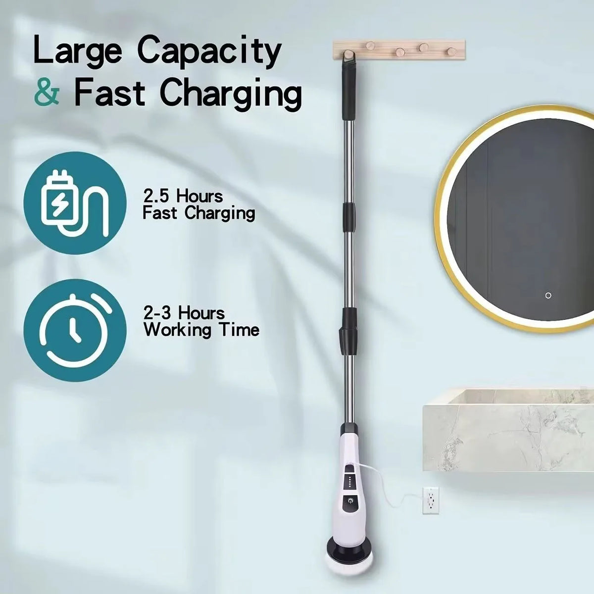 A long, slender electric cleaning brush with a wooden handle and white base is shown hanging on a wall.