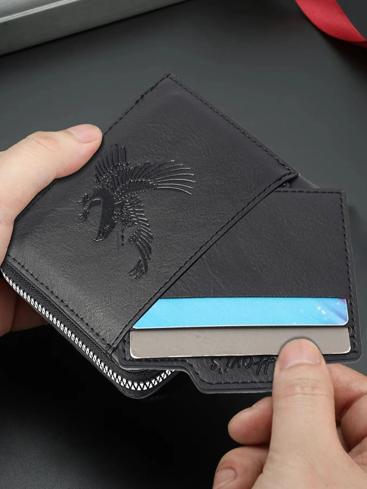 HOVIS Men's Slim Leather Wallet with Eagle Emboss and Zip Closure