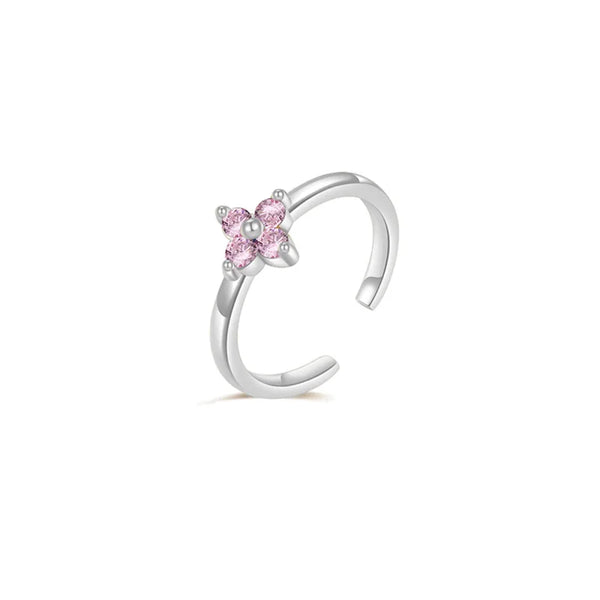 Bague à l'annulaire en zircon, dorée et argentée, avec un motif floral rose.