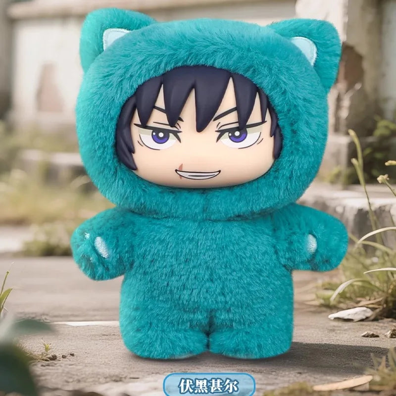 A plush doll of a male character with black hair and purple eyes wearing a teal hoodie, displayed outdoors.