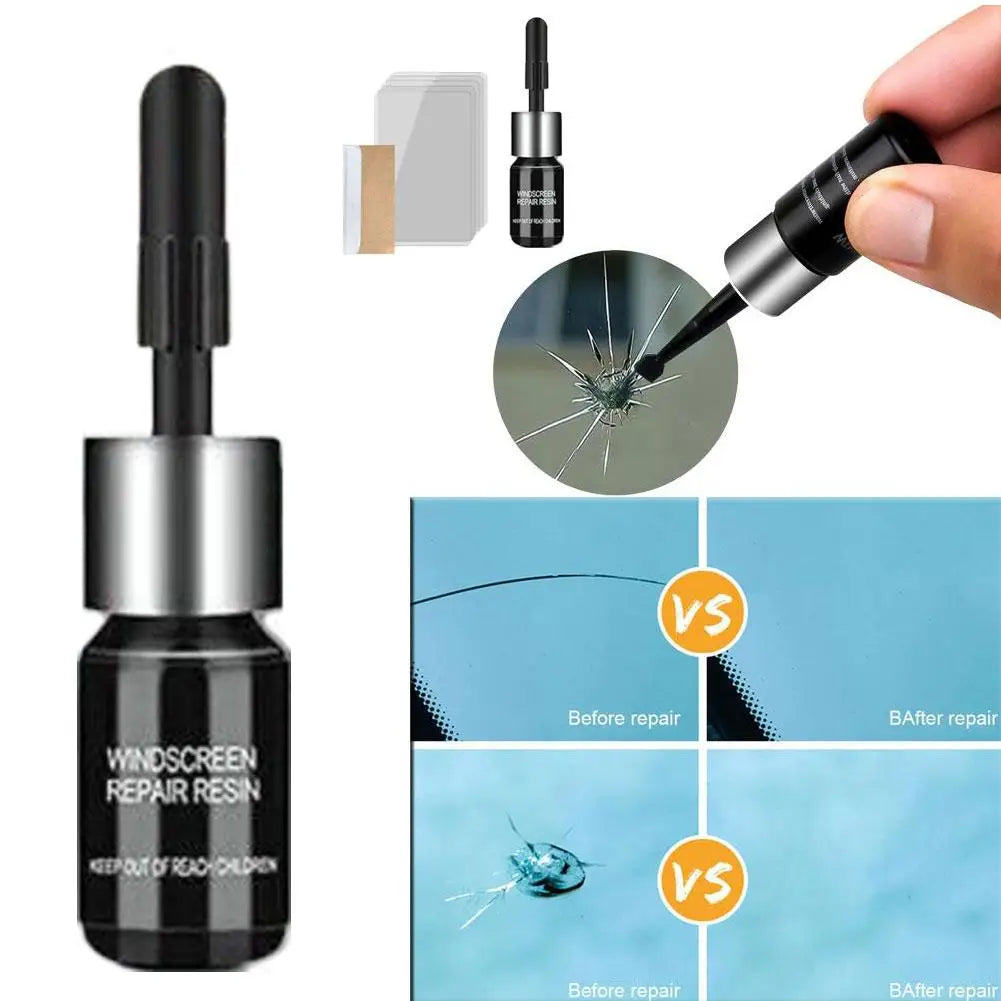 A kit showing a black resin for windshield repair, demonstrating the before and after of window crack restoration.